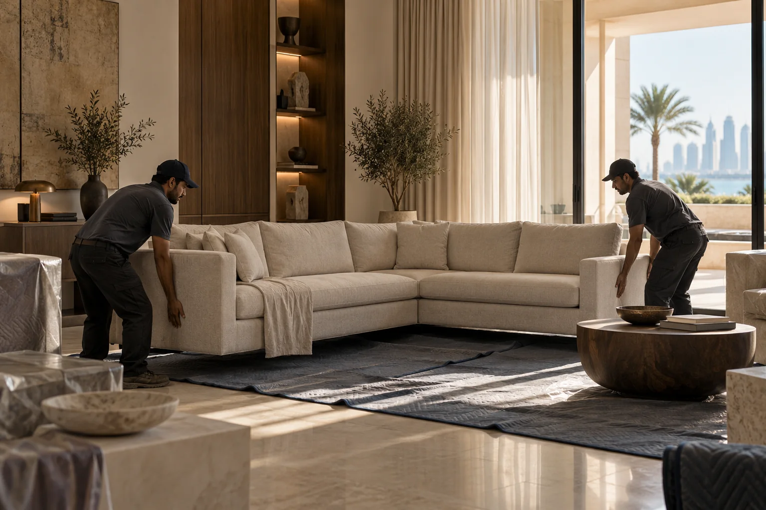 Illustrated positioning and assembly of living-room furniture