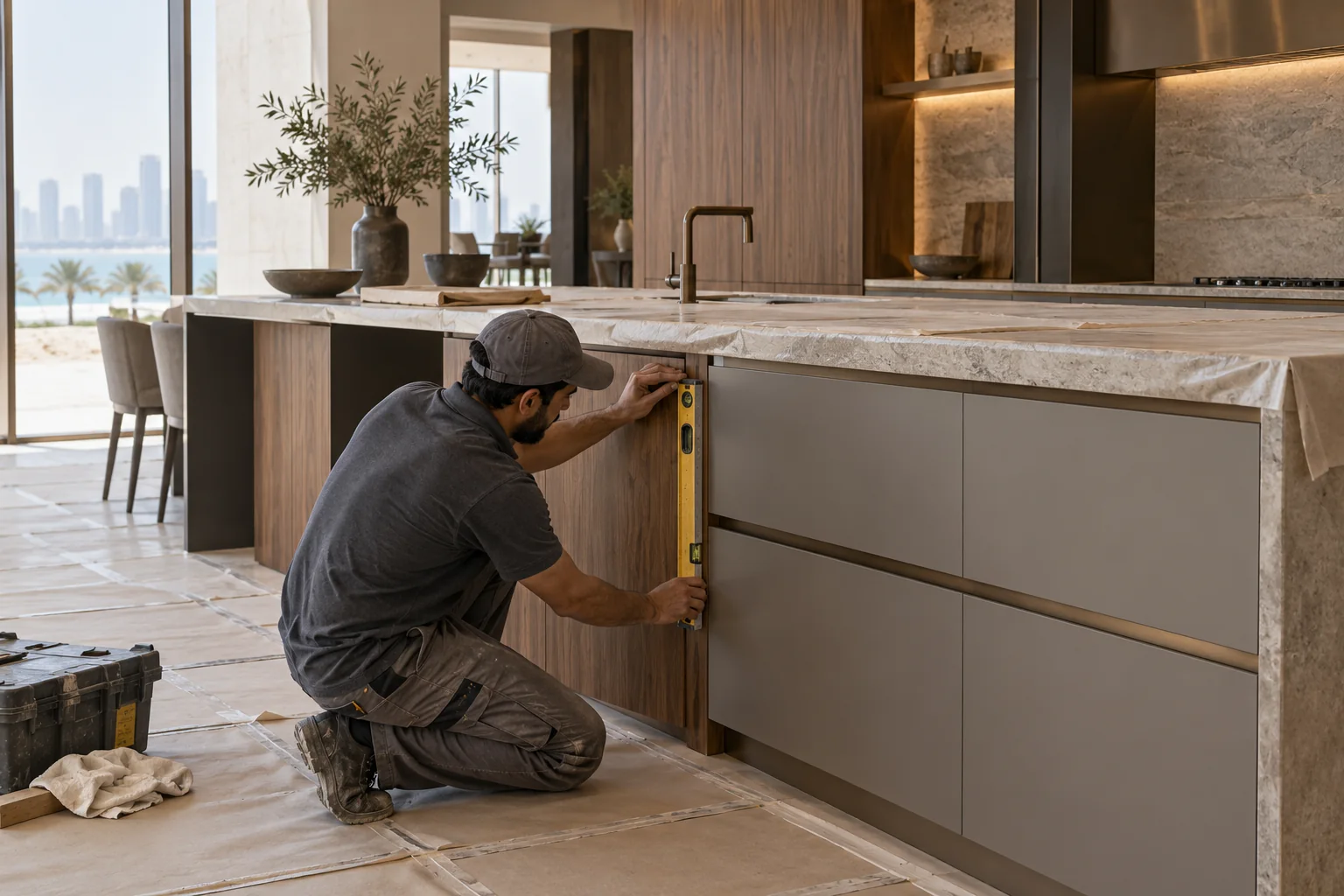 Illustrated levelling and fitting of kitchen cabinets