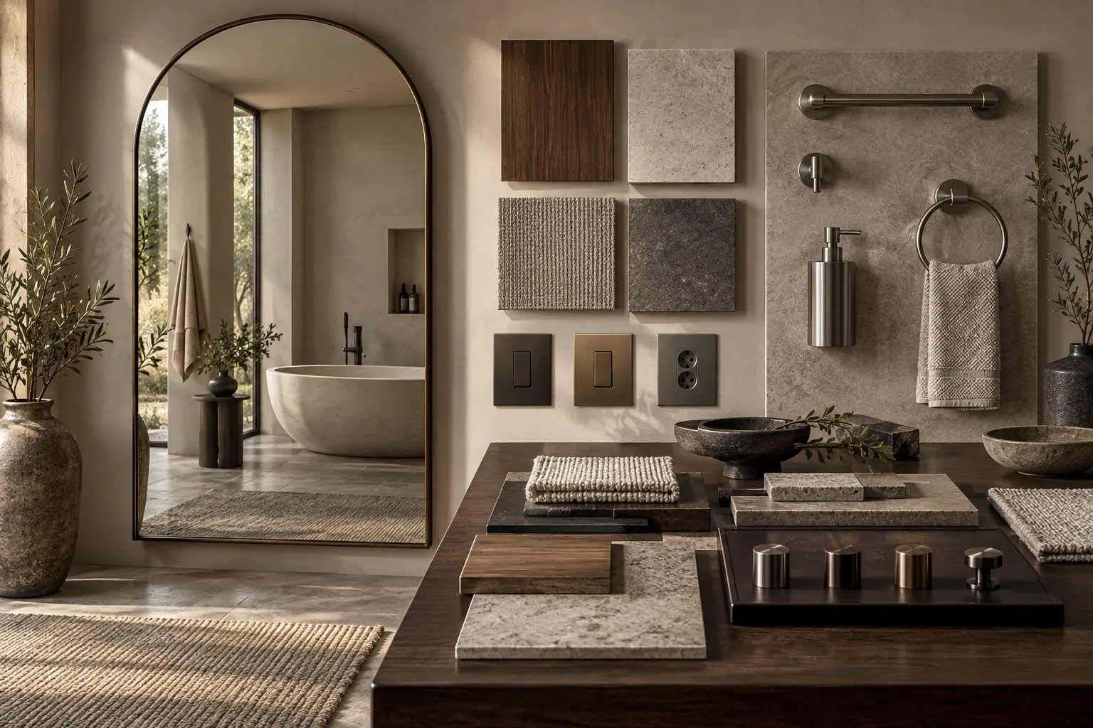 Decorative objects, mirrors and material samples