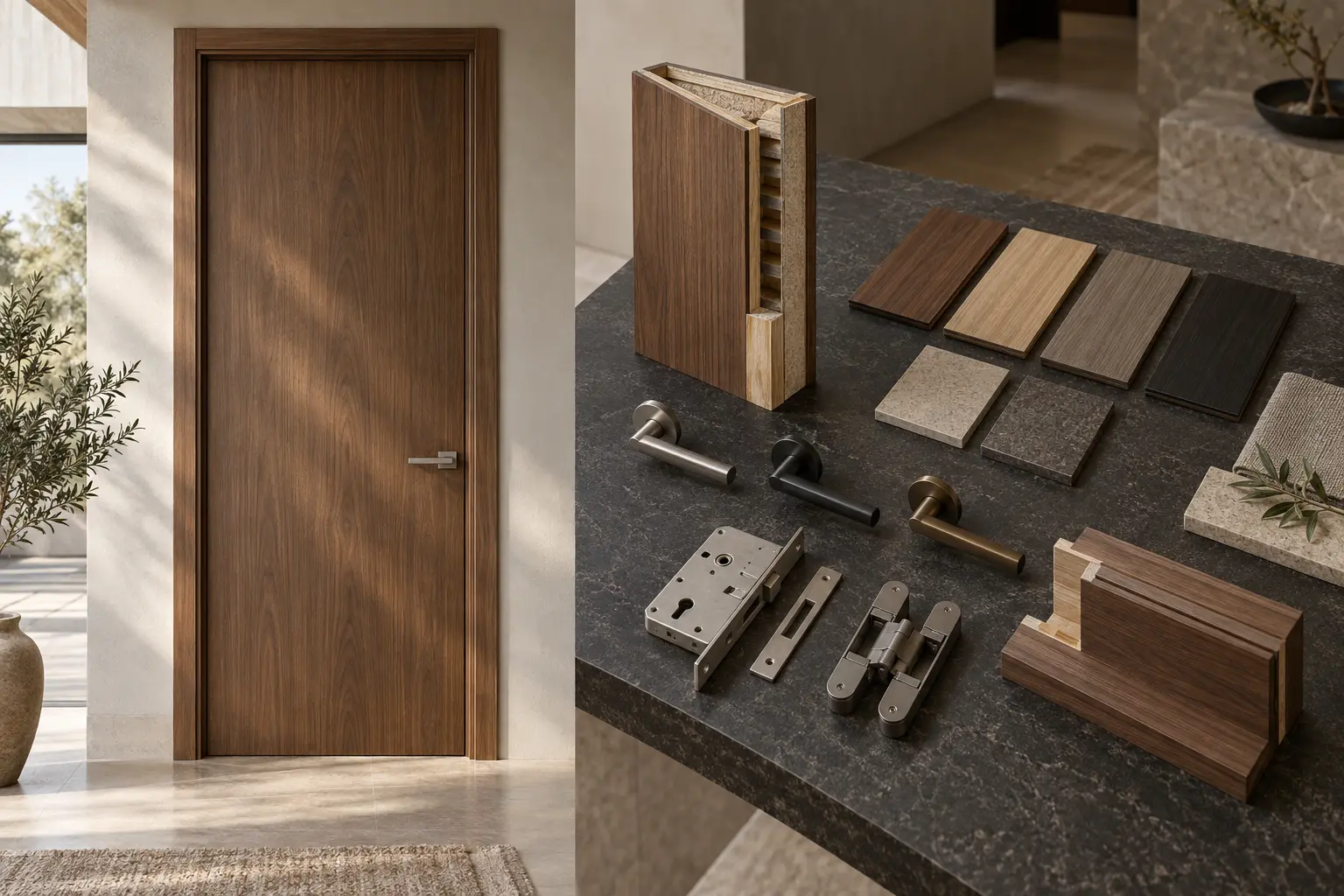 Door finishes, frame sections and hardware options