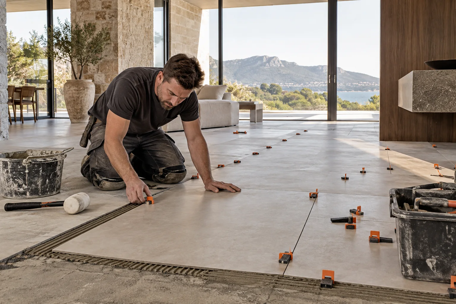 Illustrated setting-out and installation of floor tiles